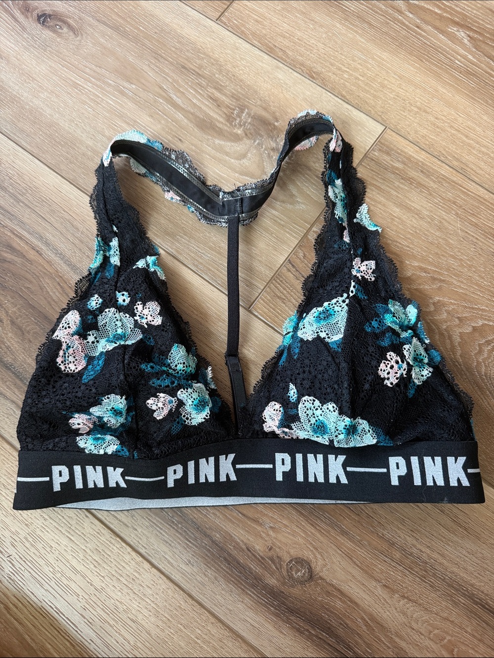 PINK Victoria's Secret Black Floral Lace Bralette with Teal & Light Pink Accents